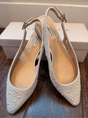 Alex Marie Ivory Pearl-Embellished Pointed Slingback Flats
